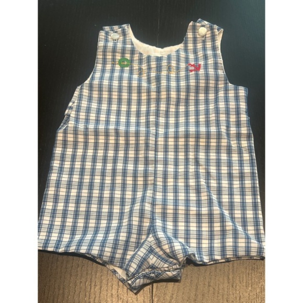 Vintage Baby Boy Blue Plaid Nautical Anchor Jon Jon Romper 9‎ Months